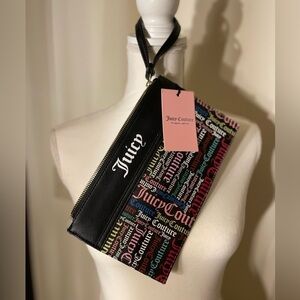 Juicy Couture Large Wristlet Multi Color logo repeated on black background NWT